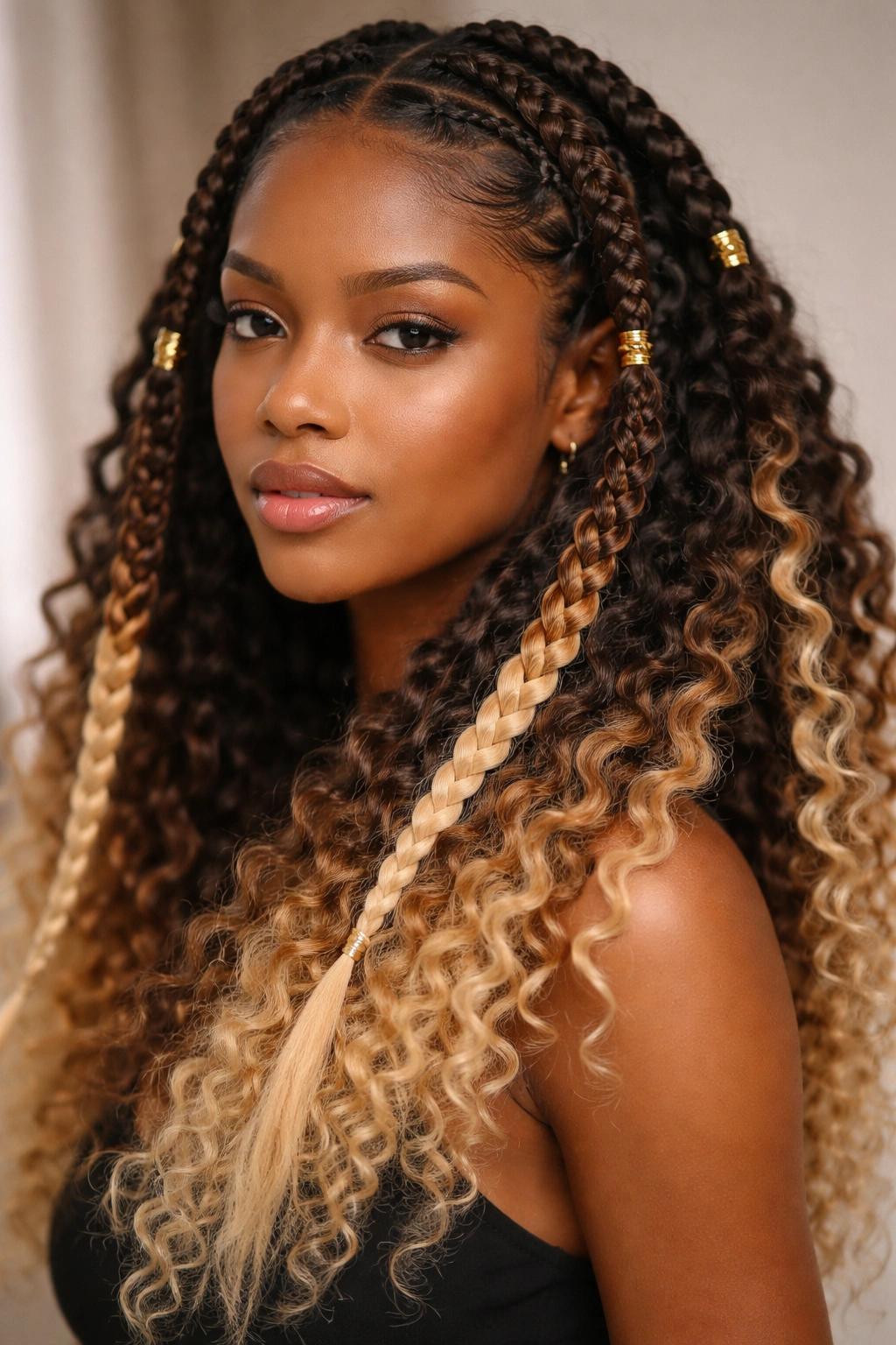 Two thick Fulani braids with ombré extensions on curly hair.