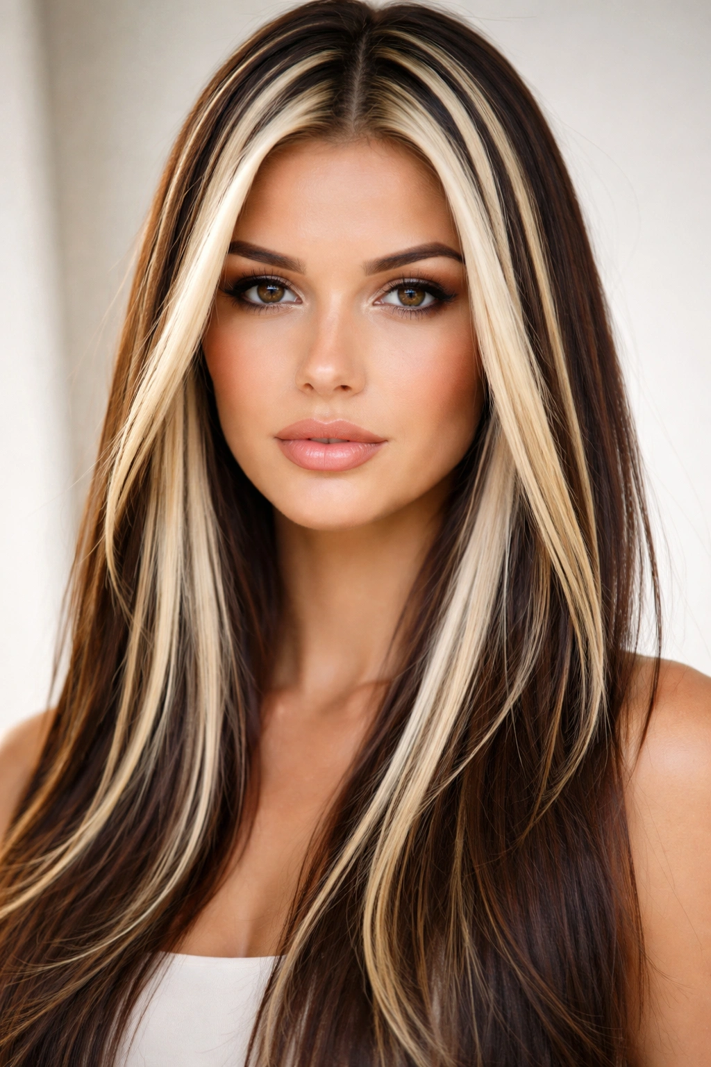 Close-up of straight hair showcasing thick chunky highlights with strong contrast