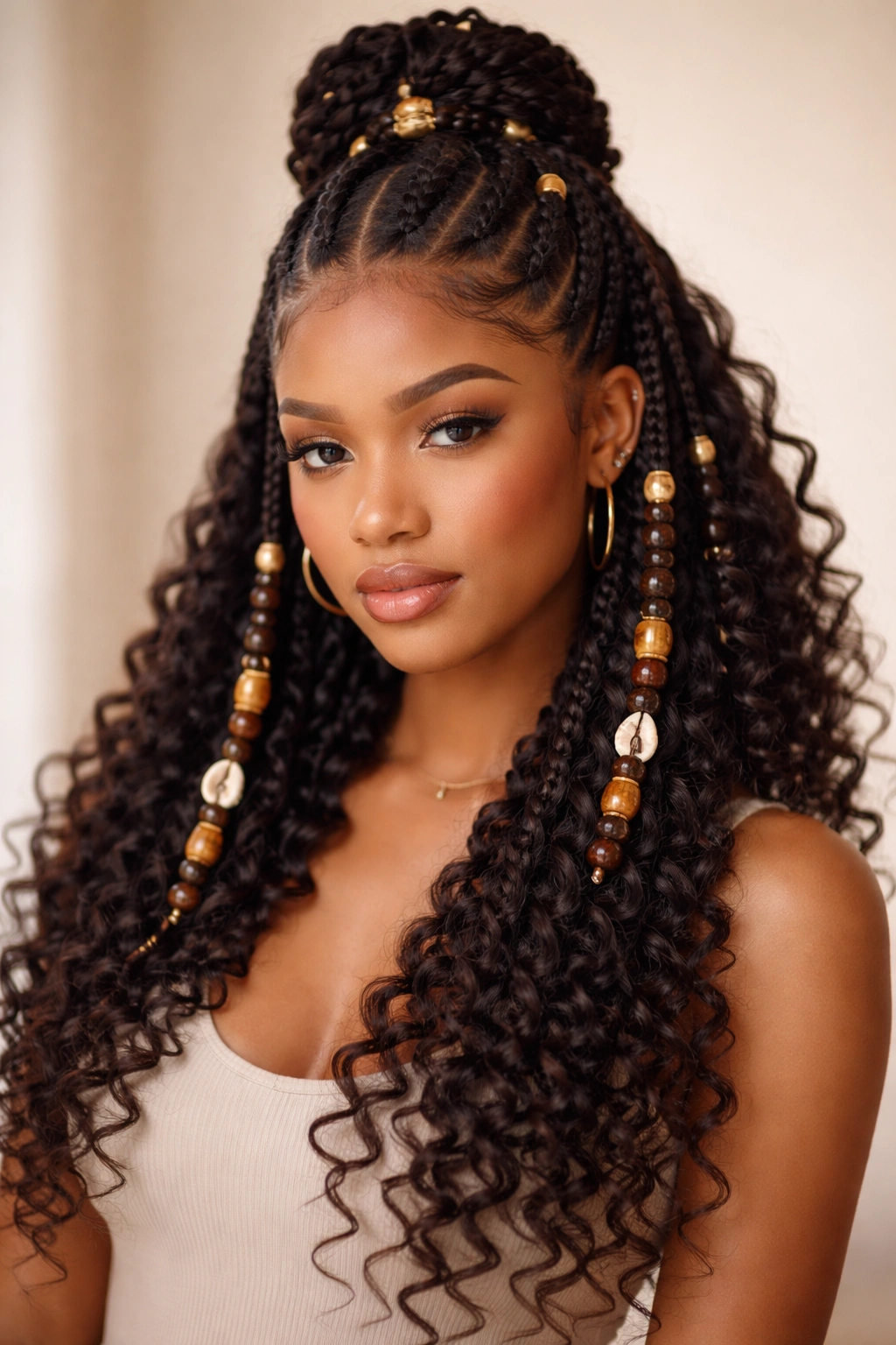 Chunky knotless braids half-up with beads on curly hair