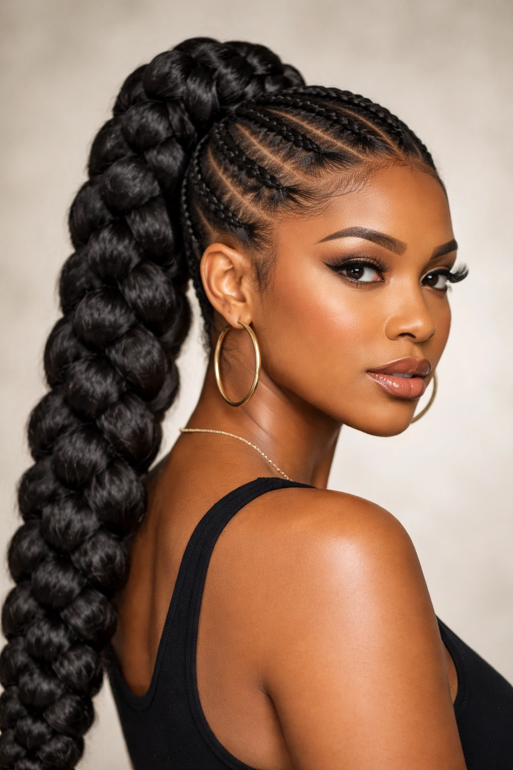 Close-up of thick chunky stitch braid ponytail with voluminous high ponytail