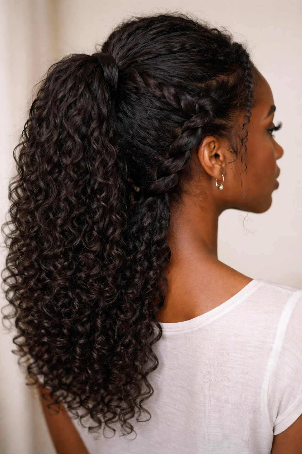 Close-up side view of a chunky three-strand twist in a half-up hairstyle