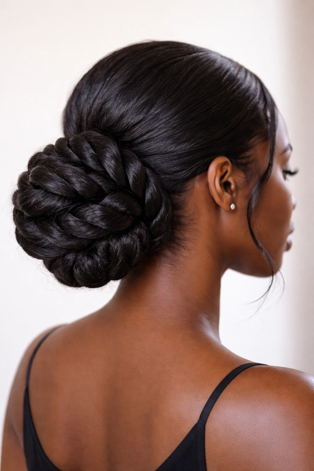 Chunky twists forming a bold low bun with strong texture