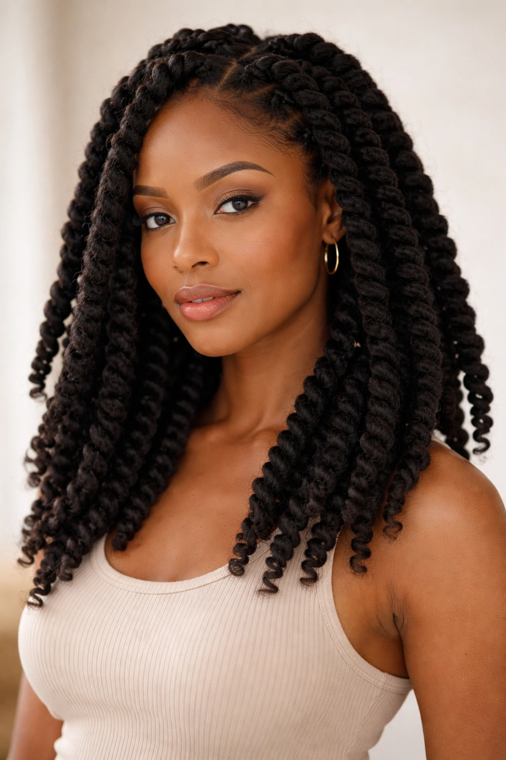 Bold chunky twists forming a protective hairstyle on coily hair