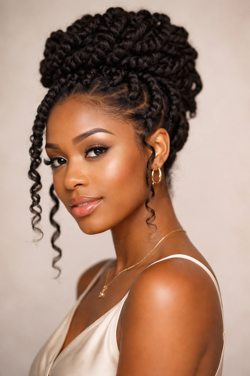 Chunky twists forming a crown-style updo with soft face-framing twists.
