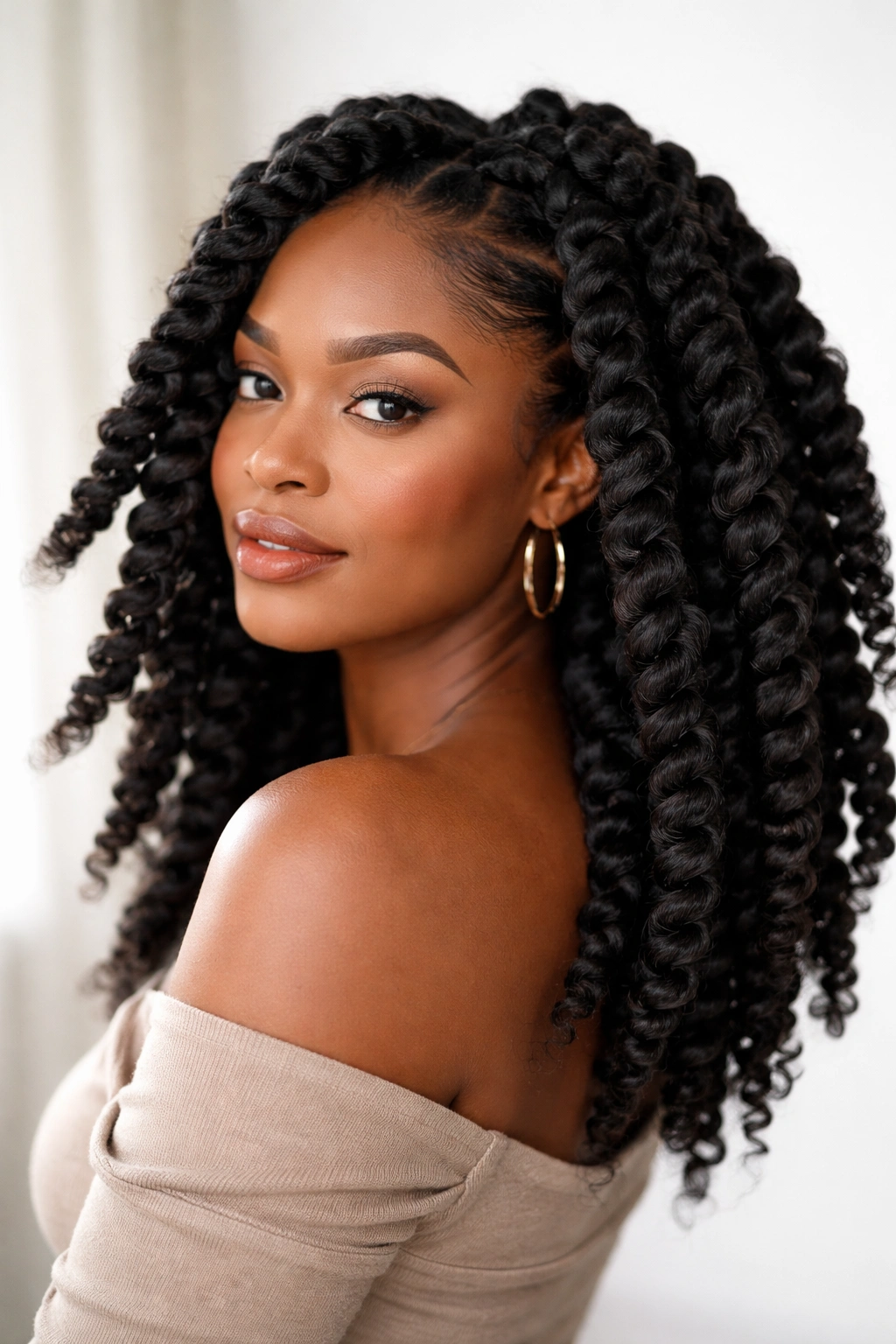 Close-up of chunky two-strand twists with thick sections and bold silhouette