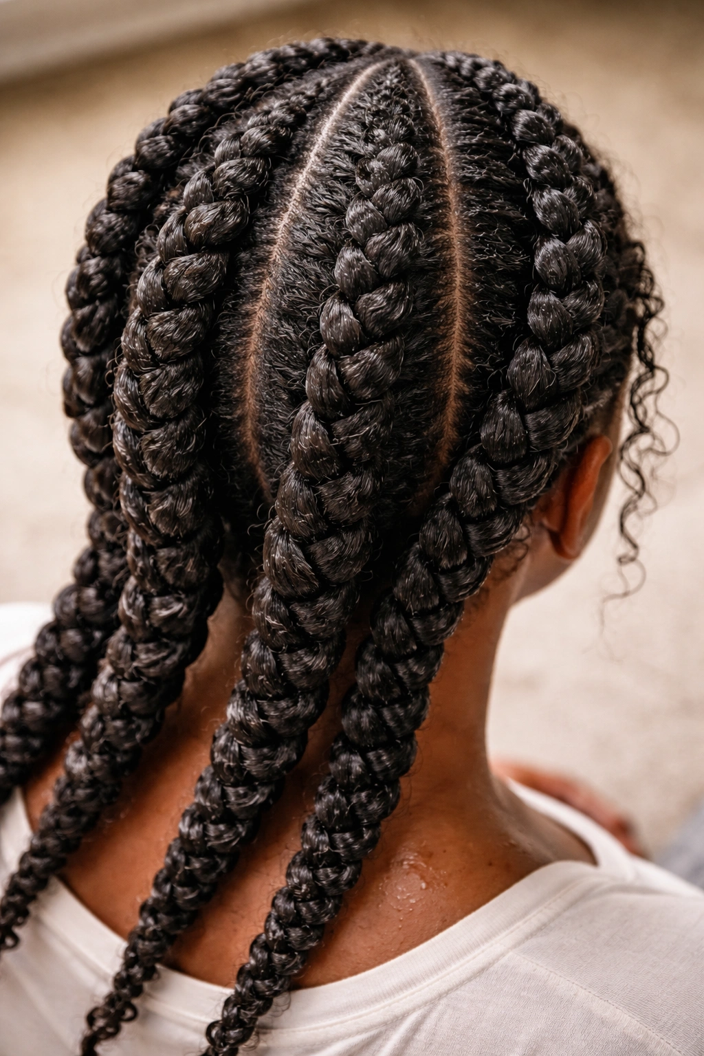 Top-down view of large chunky braids on coily hair