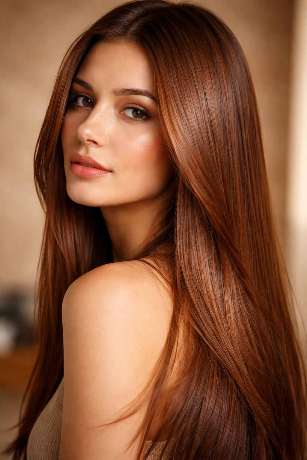 Close-up of straight hair in Cinnamon Brown with spicy reddish-orange undertones