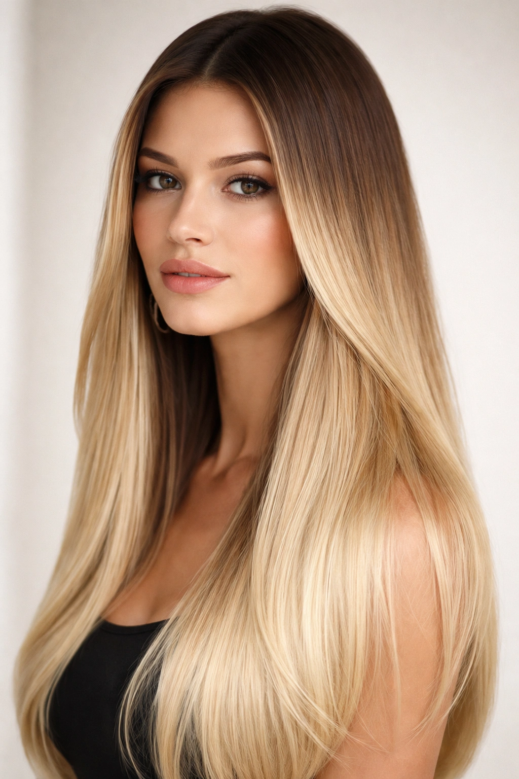 Close-up of straight hair showing classic blonde ombre with dark roots to light blonde