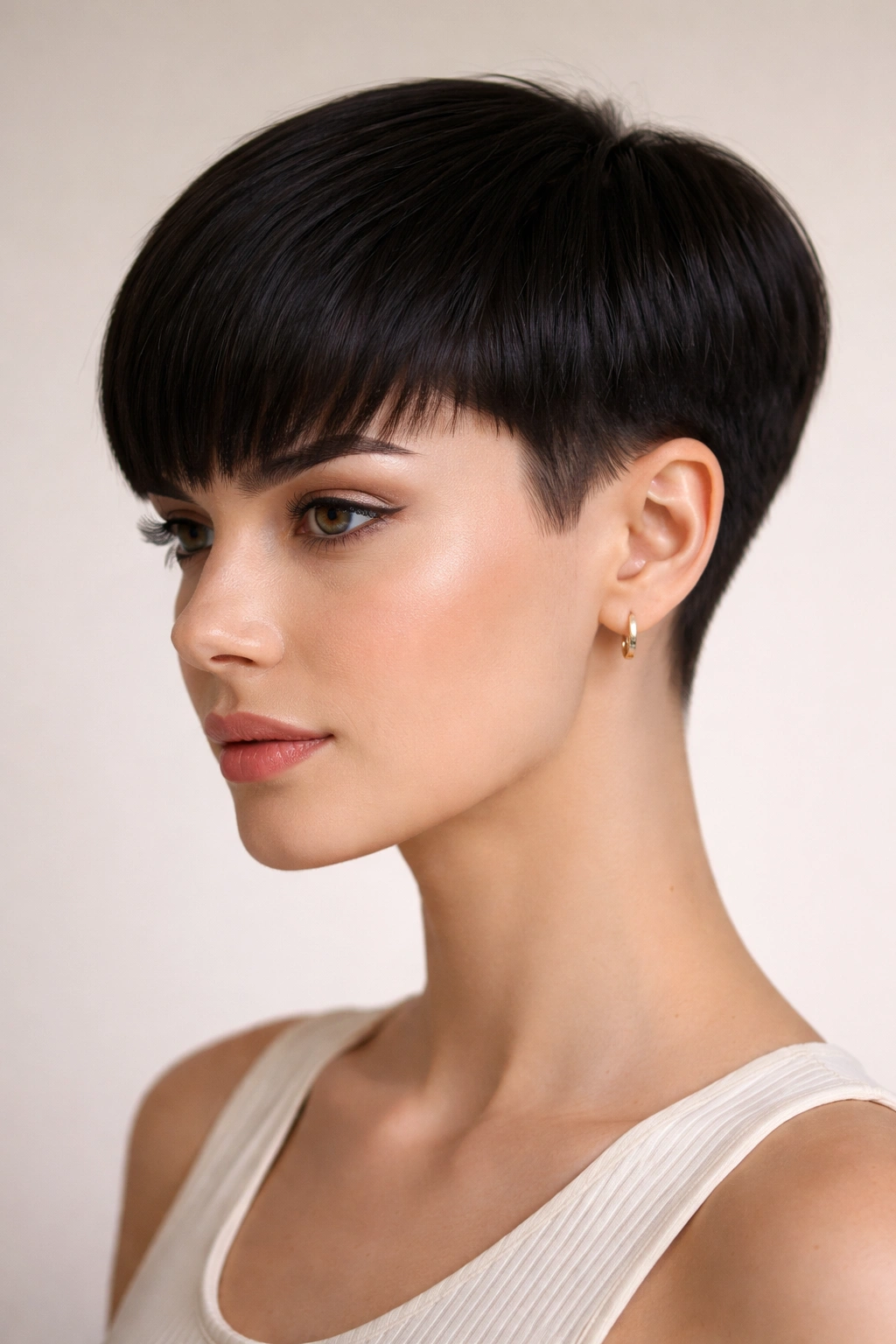 Close-up of classic blunt pixie on straight hair with sharp fringe