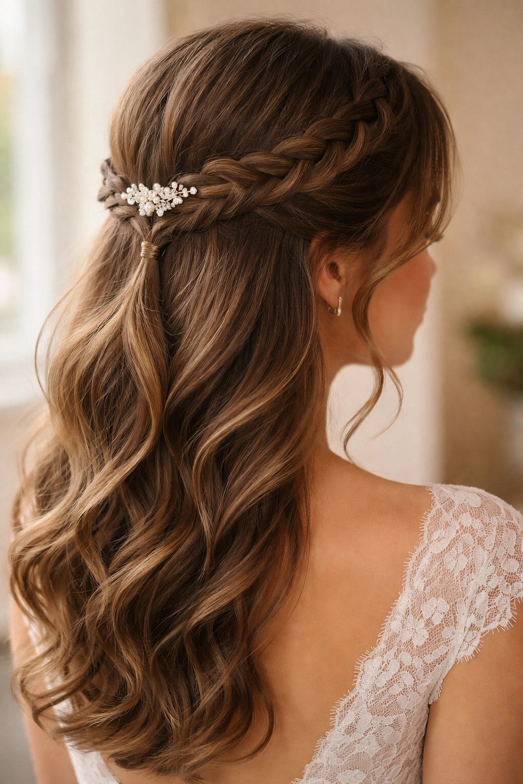 Close-up of a bridal hairstyle with a centered French braid and soft face-framing waves.
