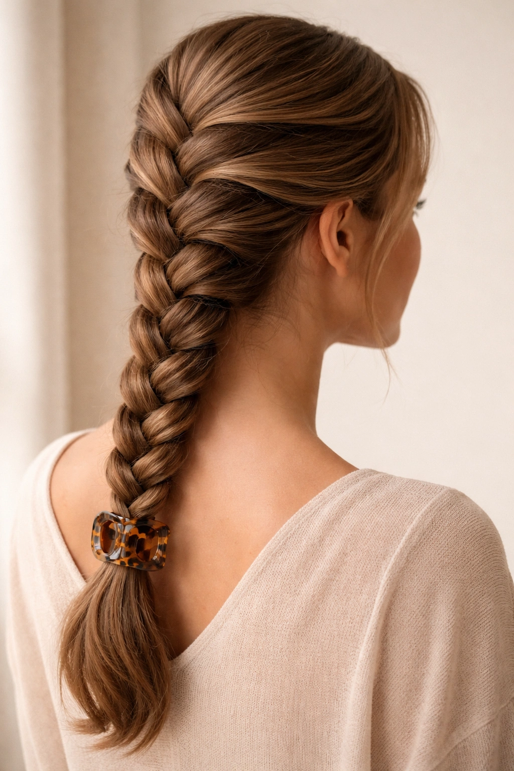 Close-up of classic French braid secured with a claw clip on a neutral backdrop