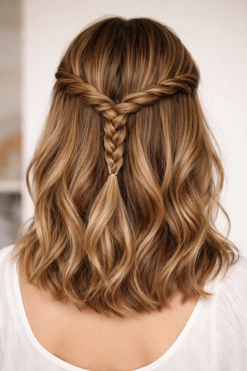 Back view of shoulder-length hair in a classic braid half-up, showing the simple three-strand braid.
