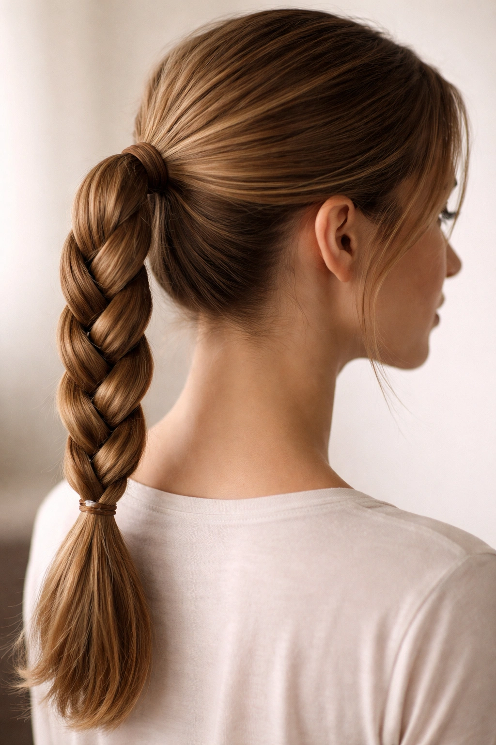 Close-up of classic three-strand braid forming a neat ponytail