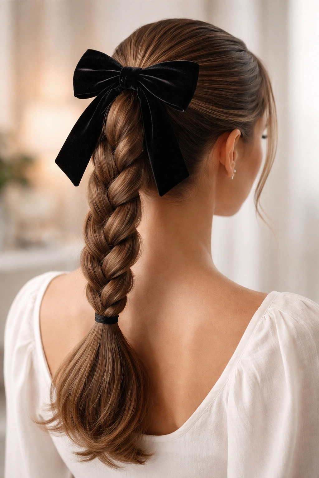 Close-up of a sleek single braid ponytail with velvet bow, polished and elegant