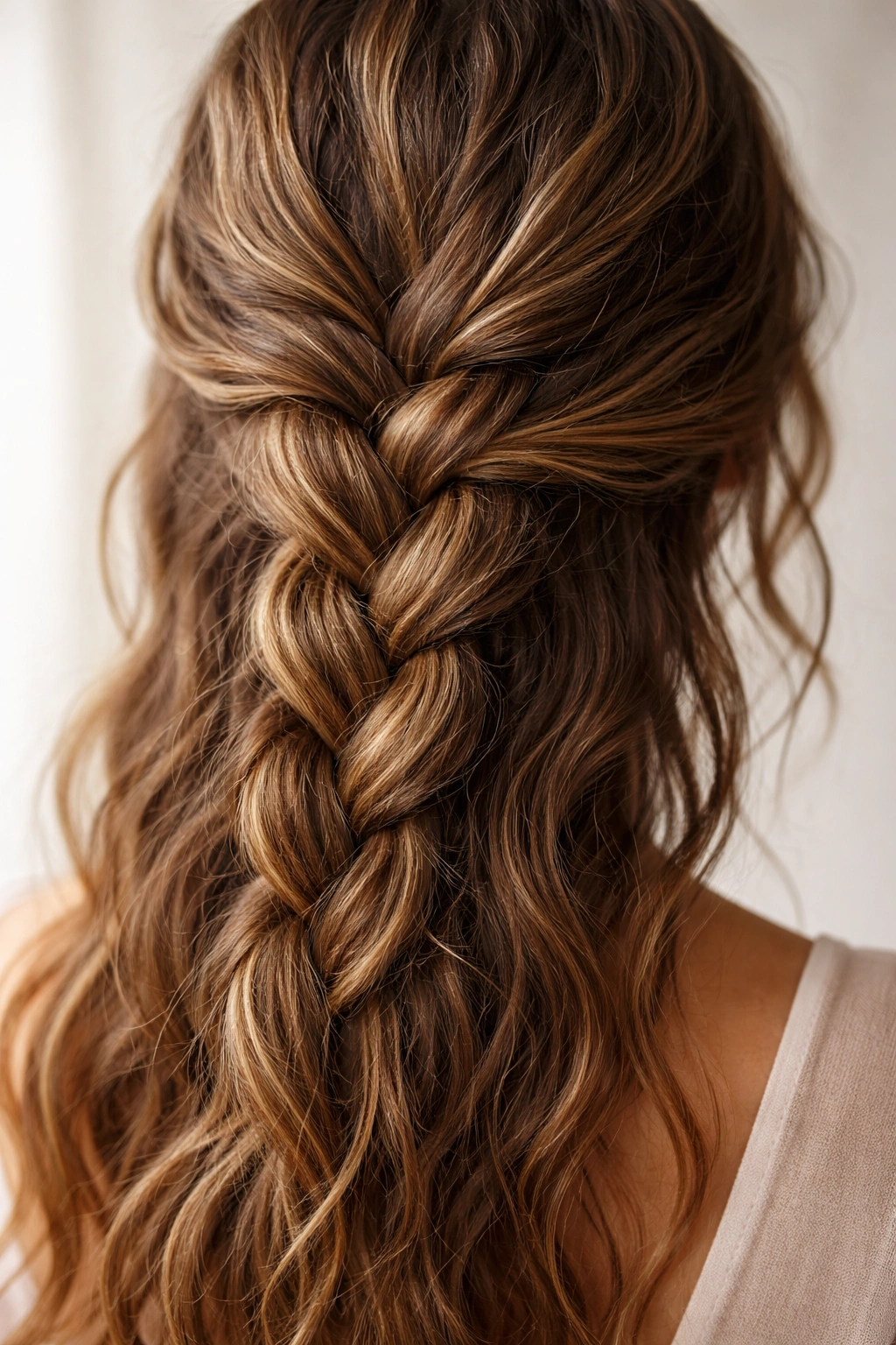 Close-up of a loose three-strand braid on damp wavy hair showing texture