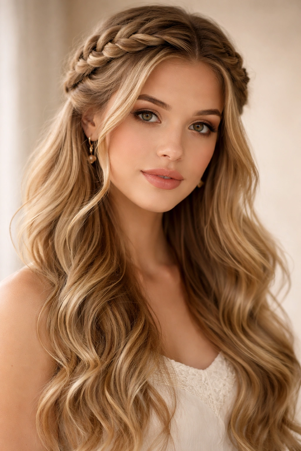 Close-up of The Classic Braided Crown hairstyle with crown braid and loose waves.