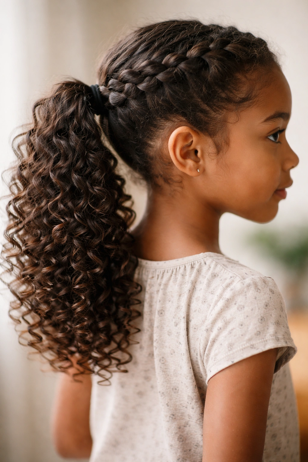 Classic braided ponytail with defined curls showing crown braid and voluminous ponytail