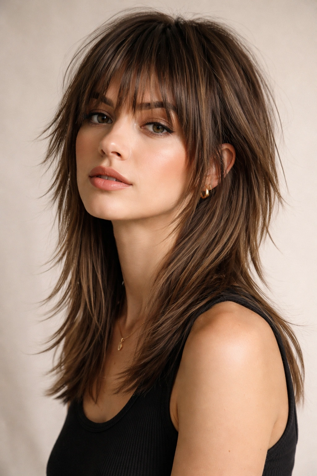 Portrait of a person with straight hair featuring a classic choppy shag with short top layers and longer blunt bottom