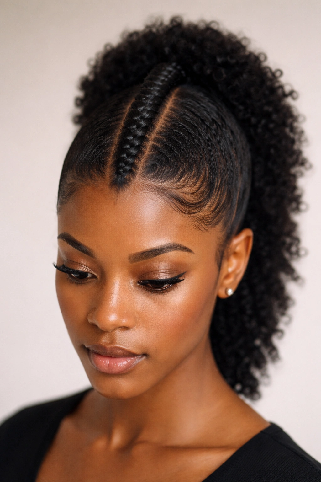 Close-up of a classic single cornrow mohawk on natural hair, centered thick braid from hairline to nape