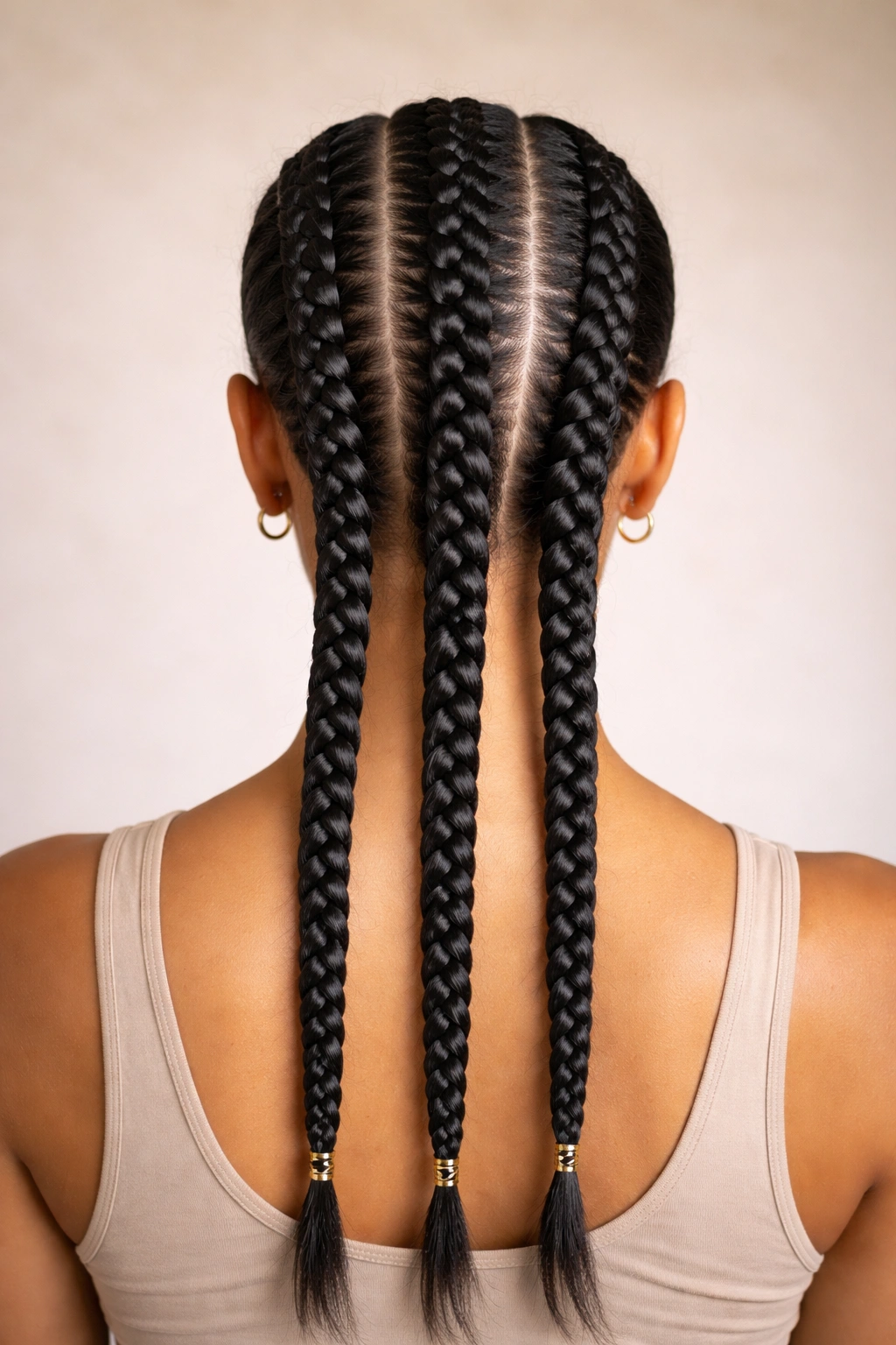 Close up of classic three back braids with evenly spaced vertical cornrows along the scalp