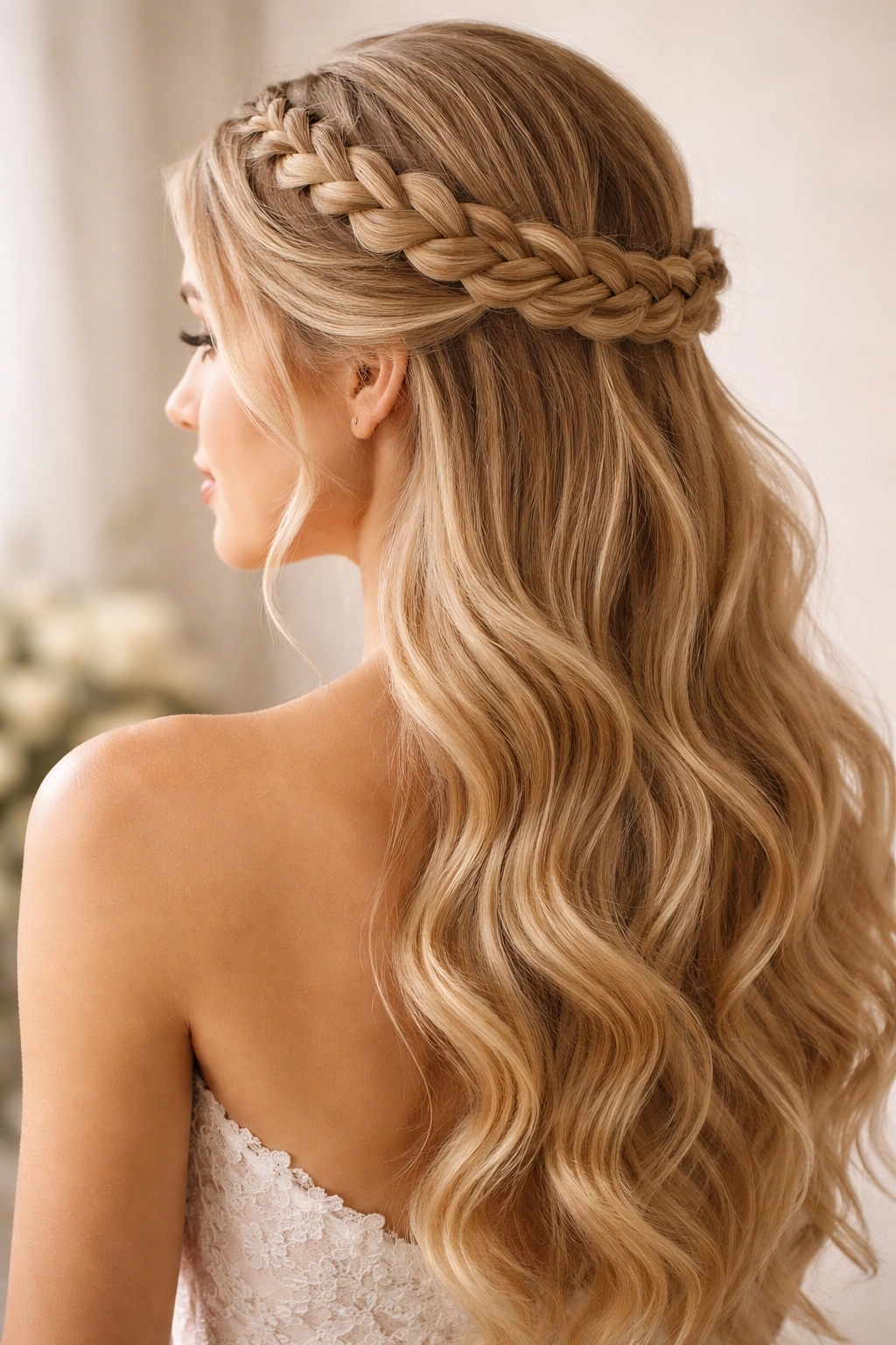 Close-up of classic crown braid on bridal hair with soft waves
