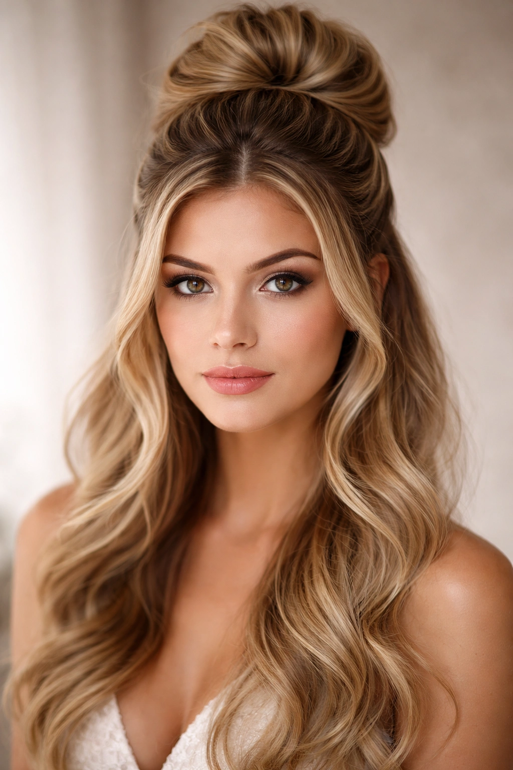 Close-up of a classic crown bun with soft waves for formal elegance