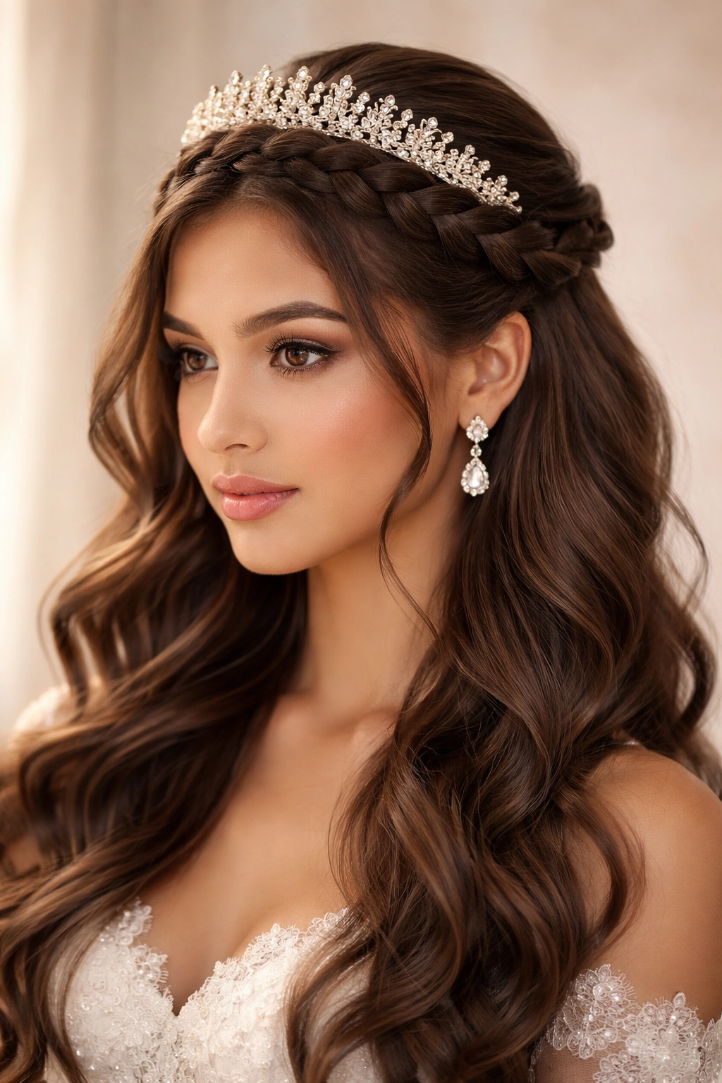 Close-up of Classic Dutch Braid Crown with waves and a tiara on quinceañera hairstyle
