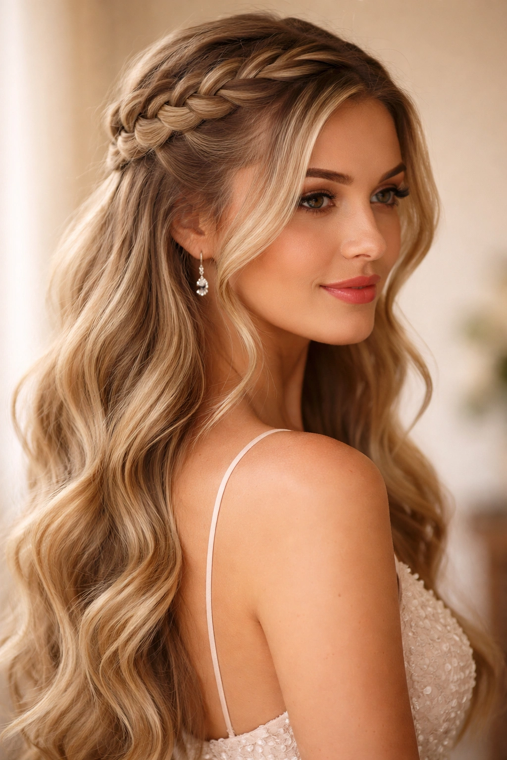 Close-up of a classic Dutch braid half up with flowing waves and a neutral studio backdrop