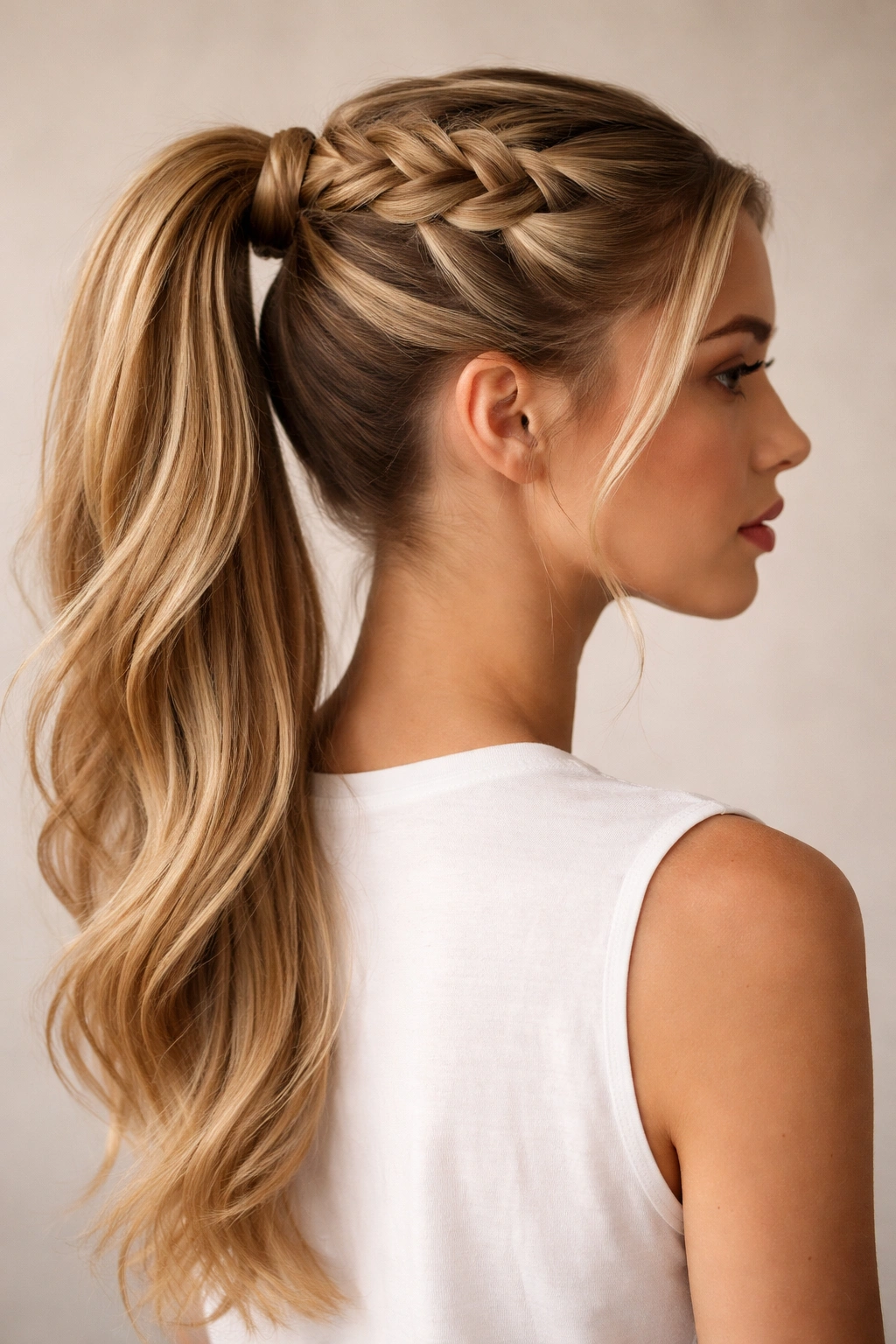 Close-up of a raised Dutch braid forming a high ponytail