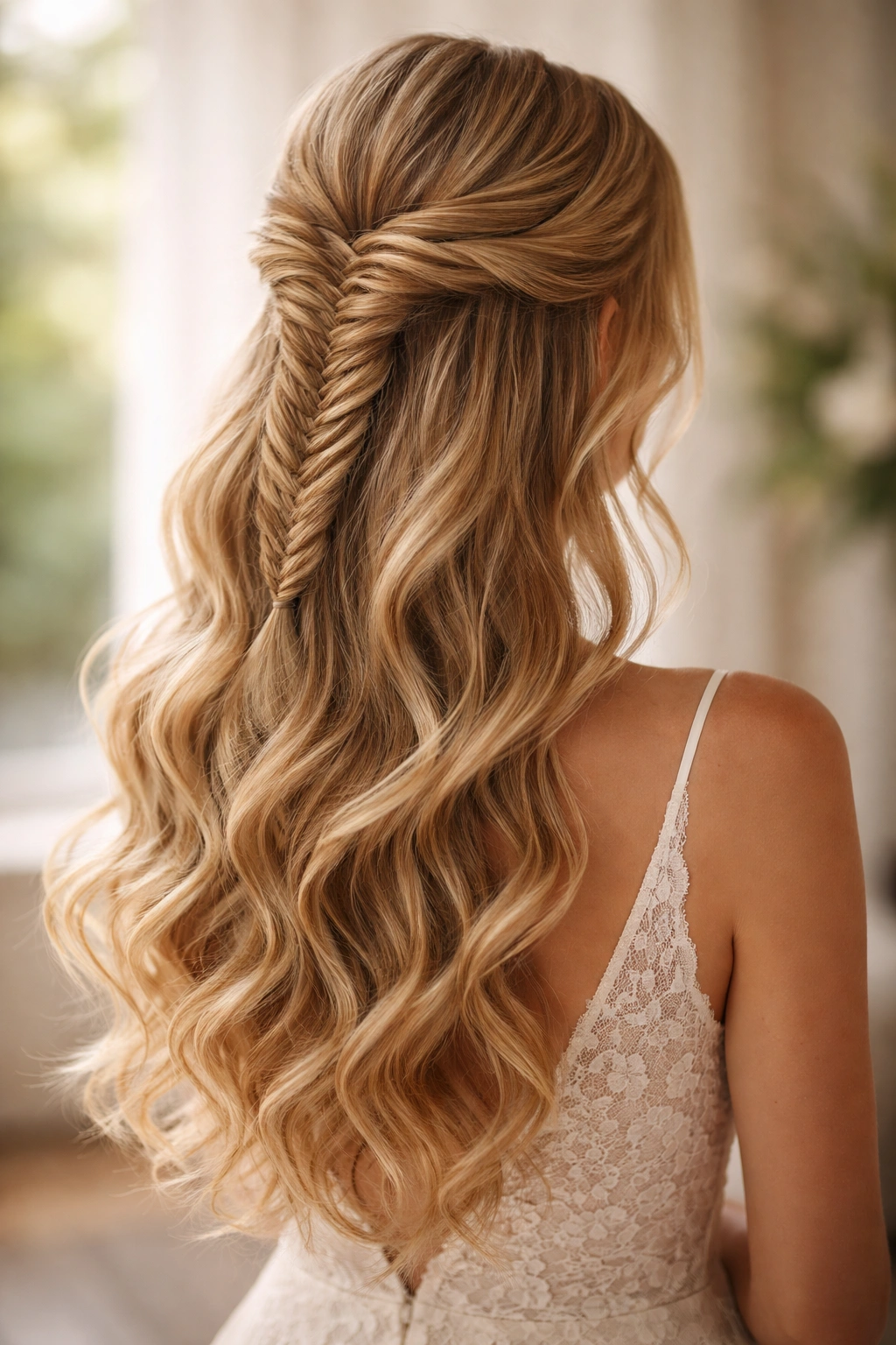 Close-up of Classic Fishtail with Loose Curls showing crown braid and flowing waves on a bridesmaid.