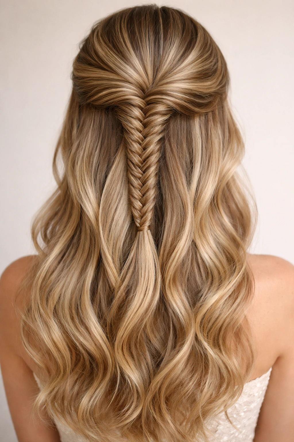 Back view of head with Classic Twisted Fishtail Half-Up showing crown twist and center anchor