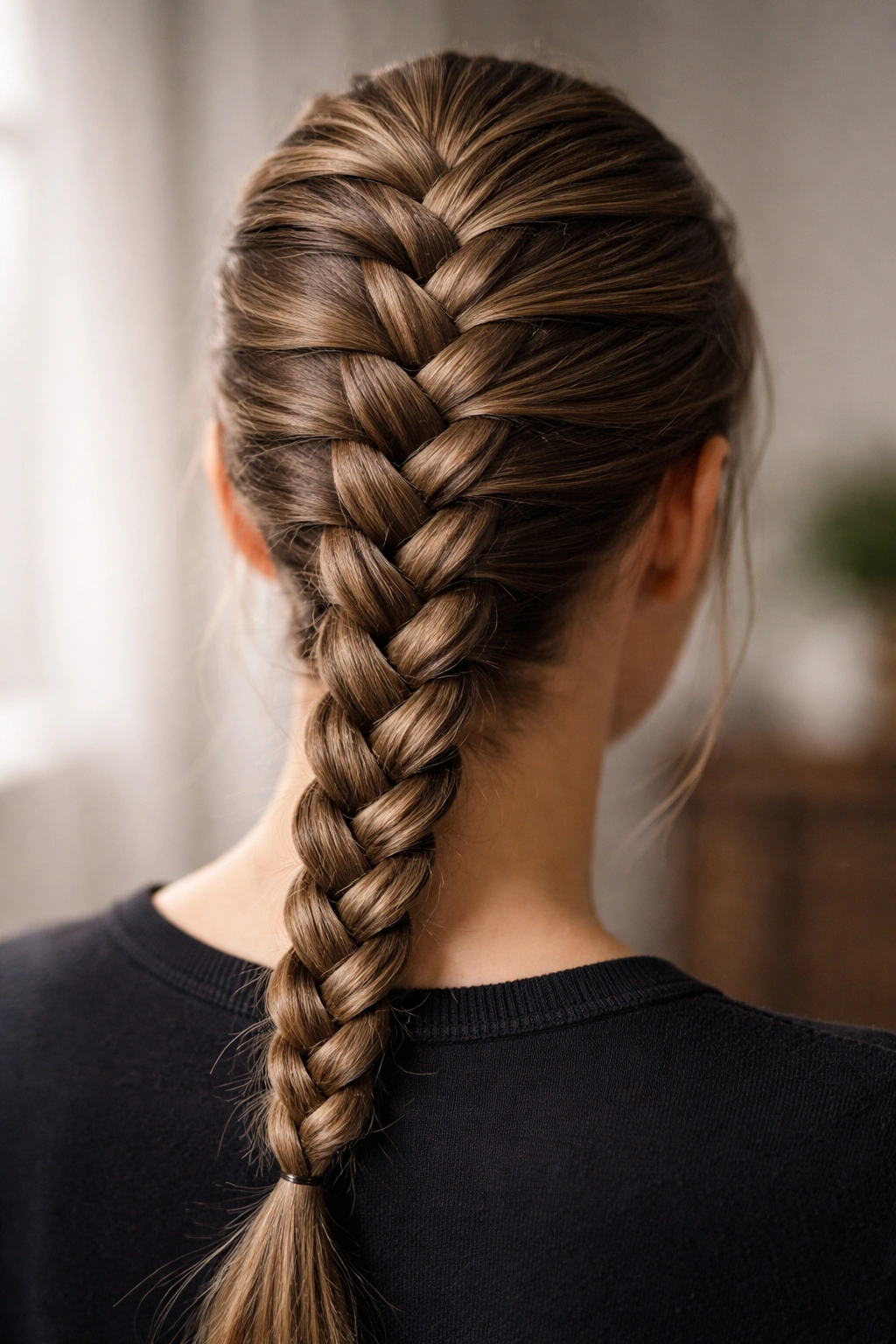 Close-up of a classic tight French braid along the scalp