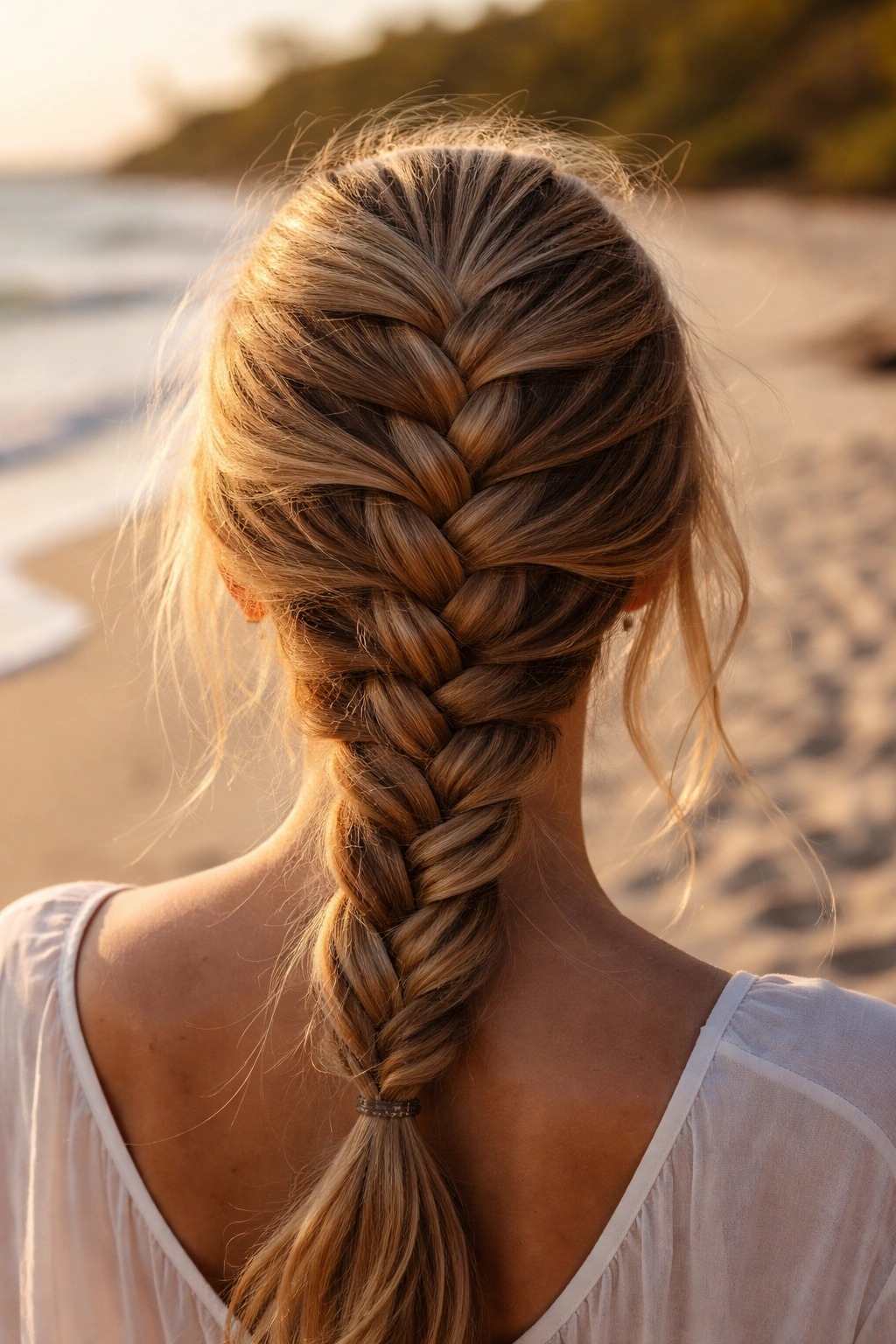 Close-up of a classic French braid starting at the crown with added hair from both sides
