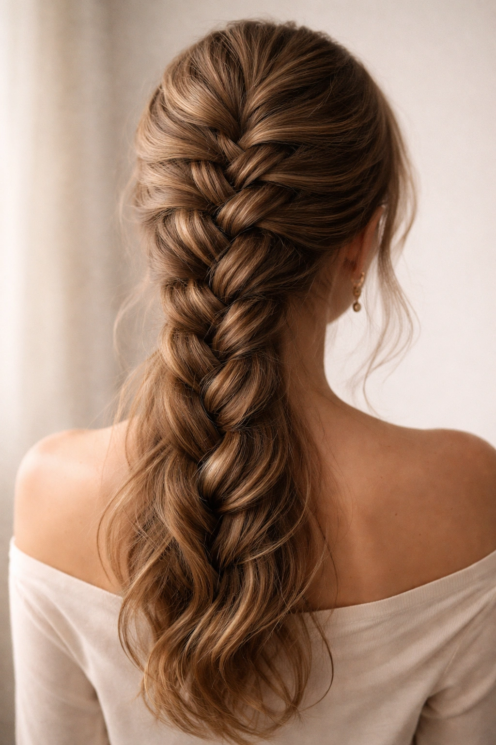 Close-up of Classic Romantic French Braid starting at the crown with tight top and loose lower sections
