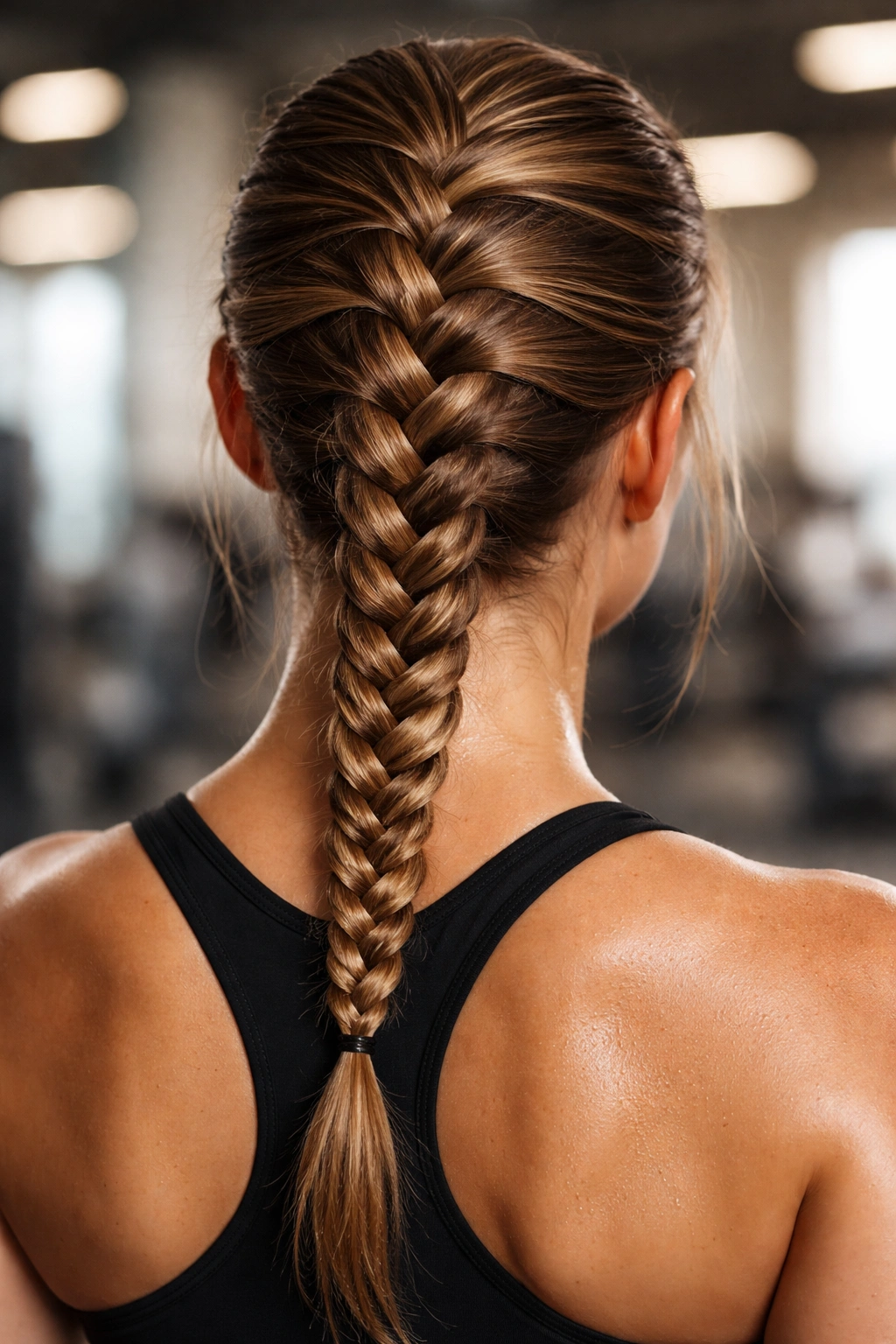 Close-up of a classic tight French braid down the back of the head
