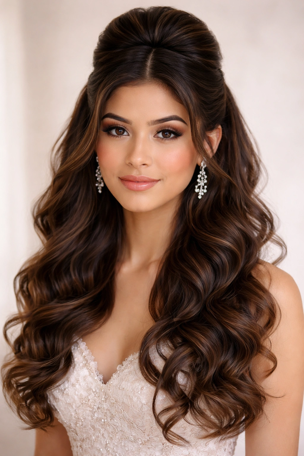 Close-up of a formal quince hairstyle with a crown bun and cascading curls