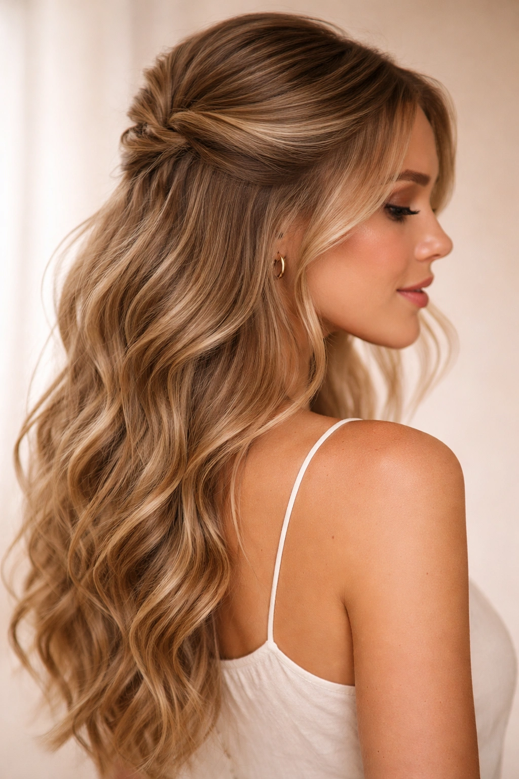 Close-up of classic half up with loose waves showing twisted crown and face-framing pieces