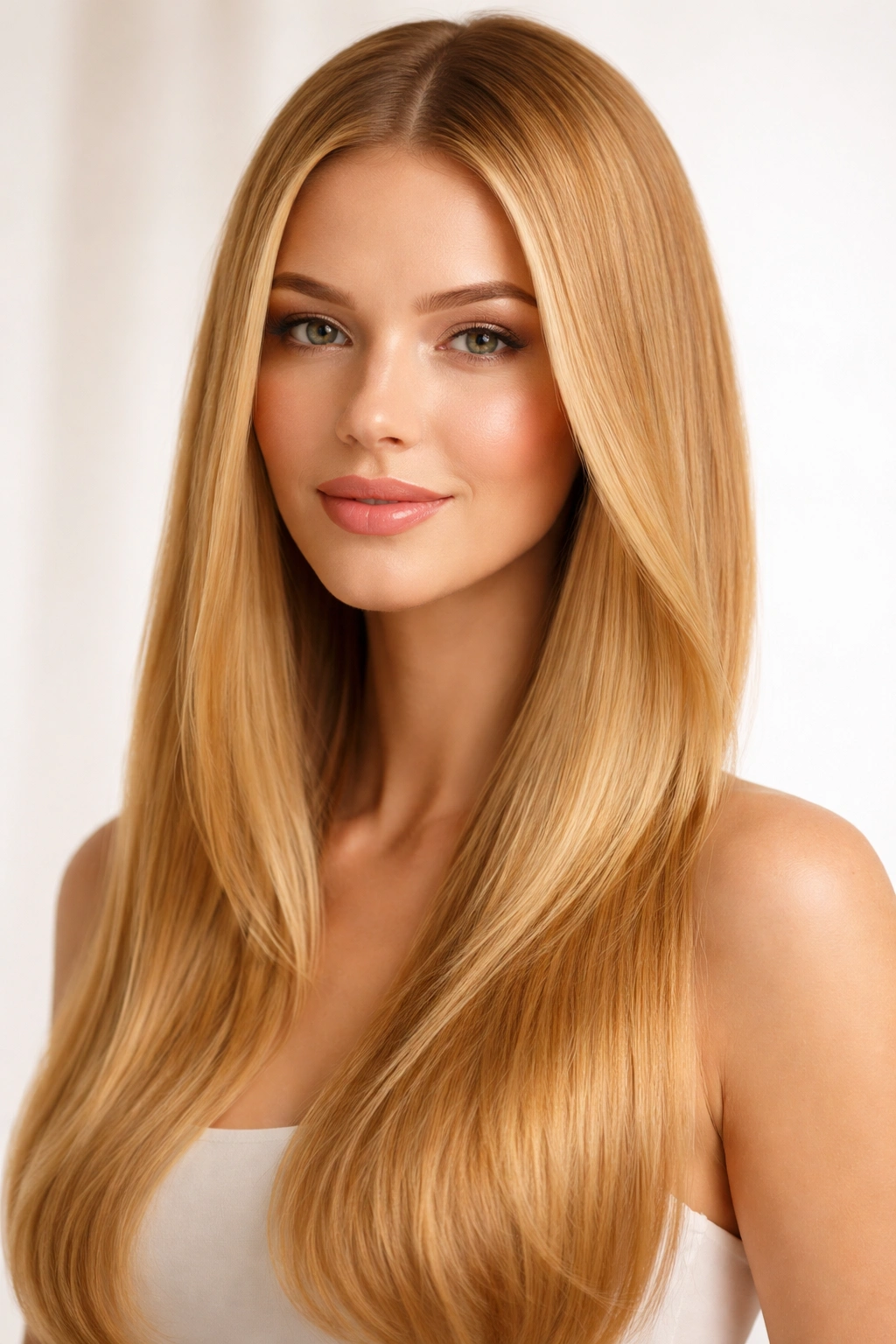 Close-up of straight hair dyed Classic Golden Honey Blonde with uniform, glossy color
