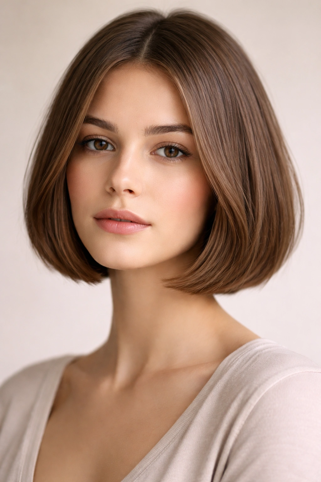 Close-up of a straight-hair model wearing a chin-length Italian bob with subtle layers.