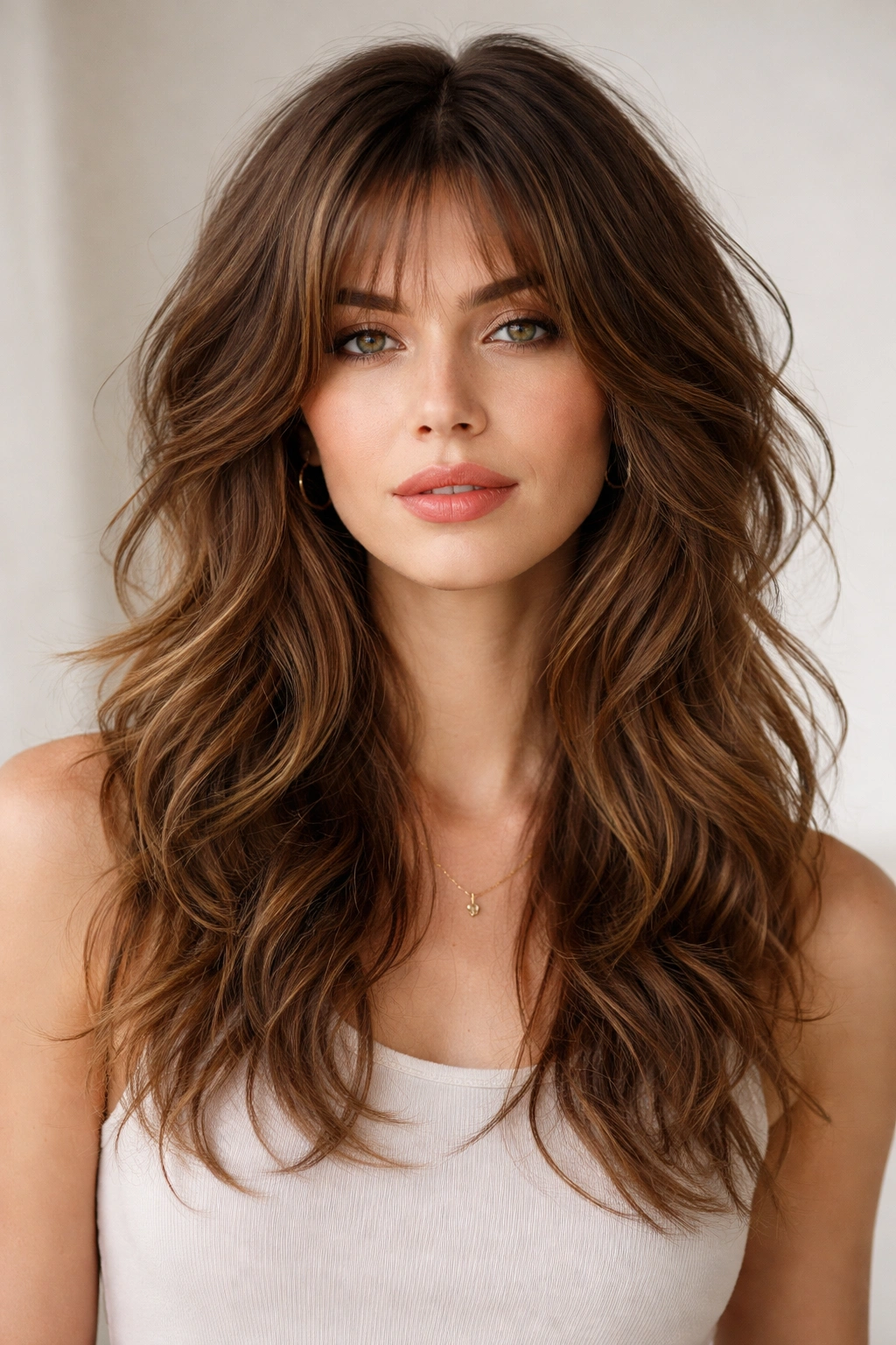 Close-up of classic layered wavy shag showing crown volume and textured waves