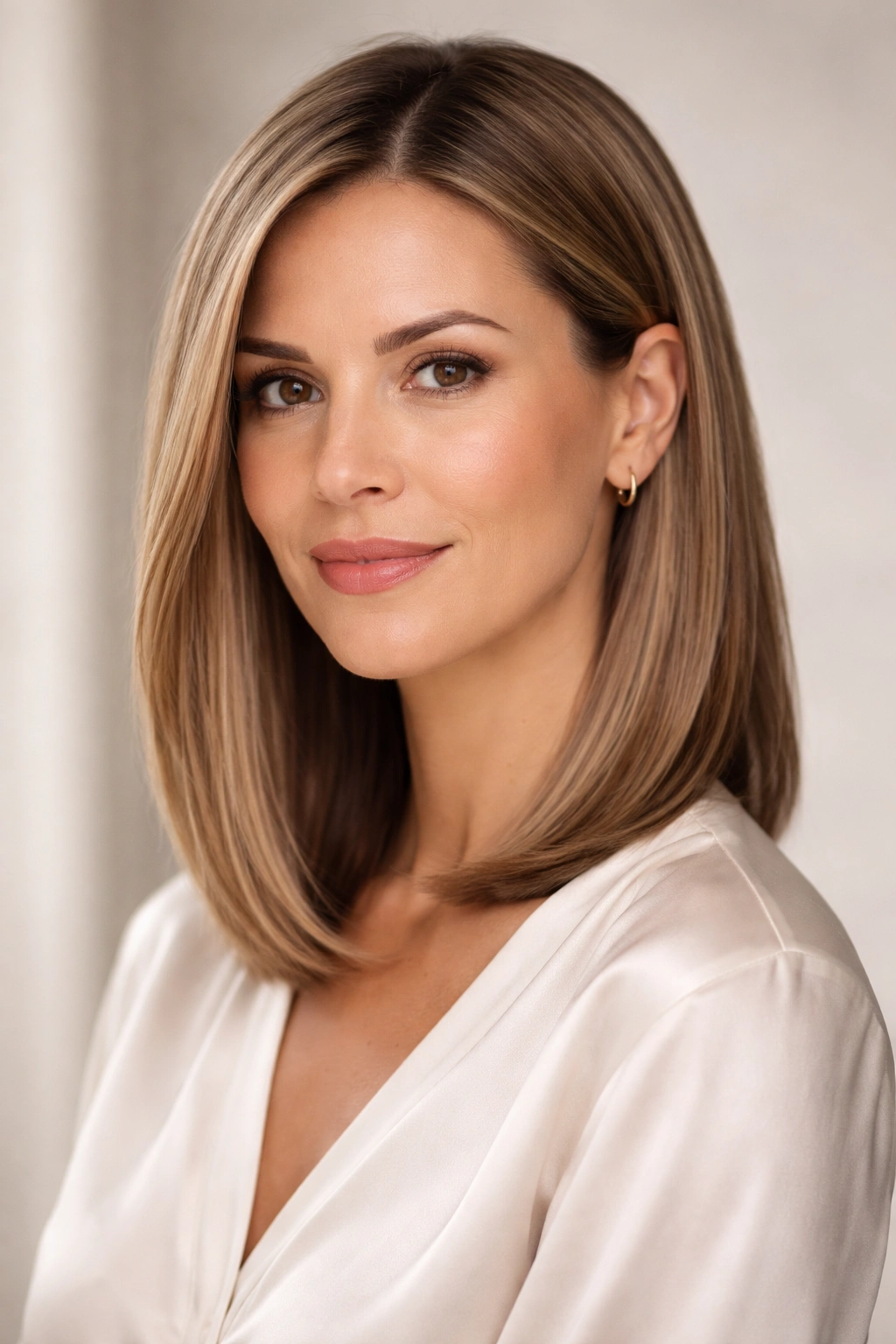 Close-up of a woman with a classic collarbone-length lob and sleek straight hair.