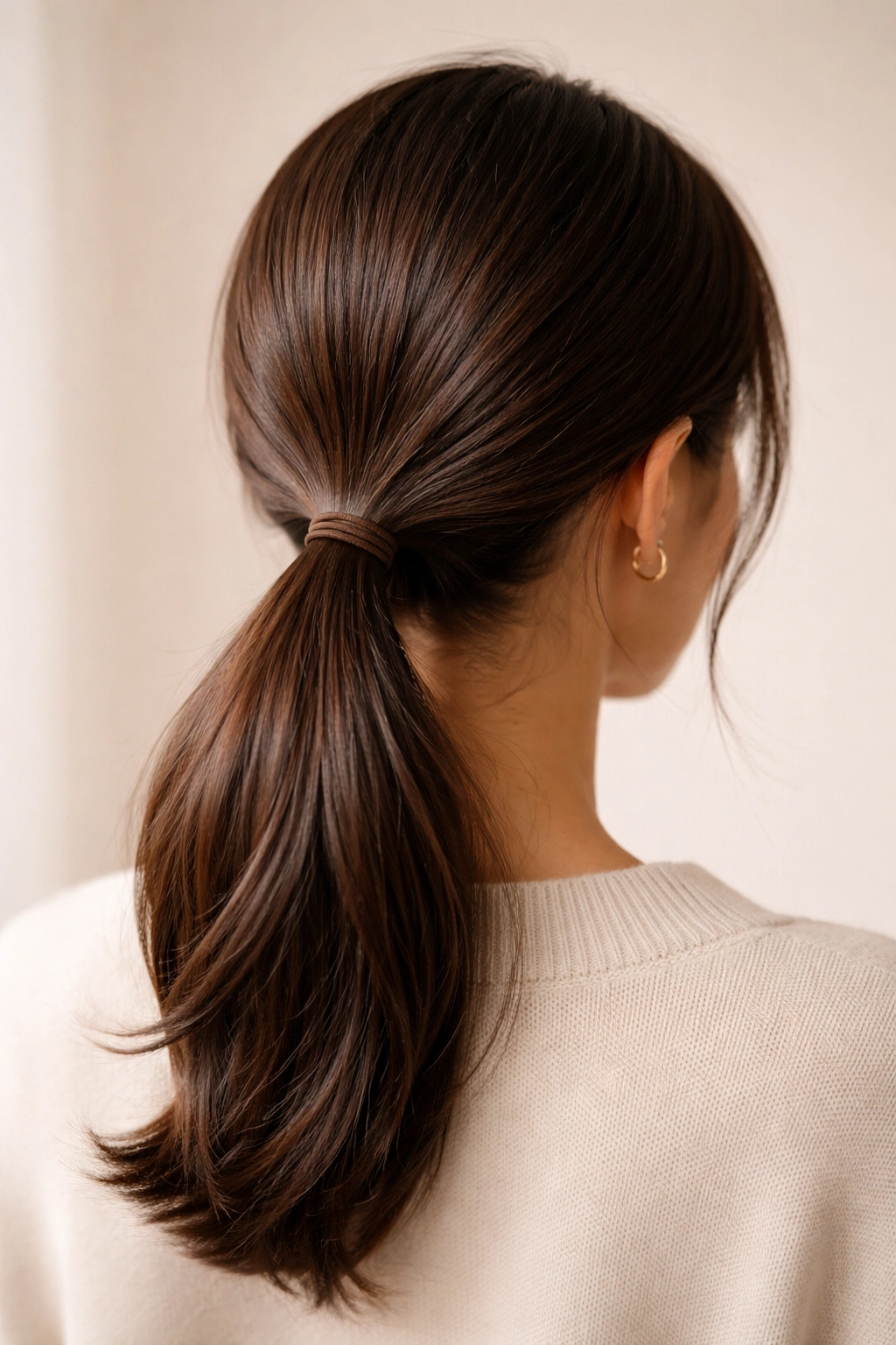 Back view of a classic low ponytail at the nape of the neck with smooth, neat hair