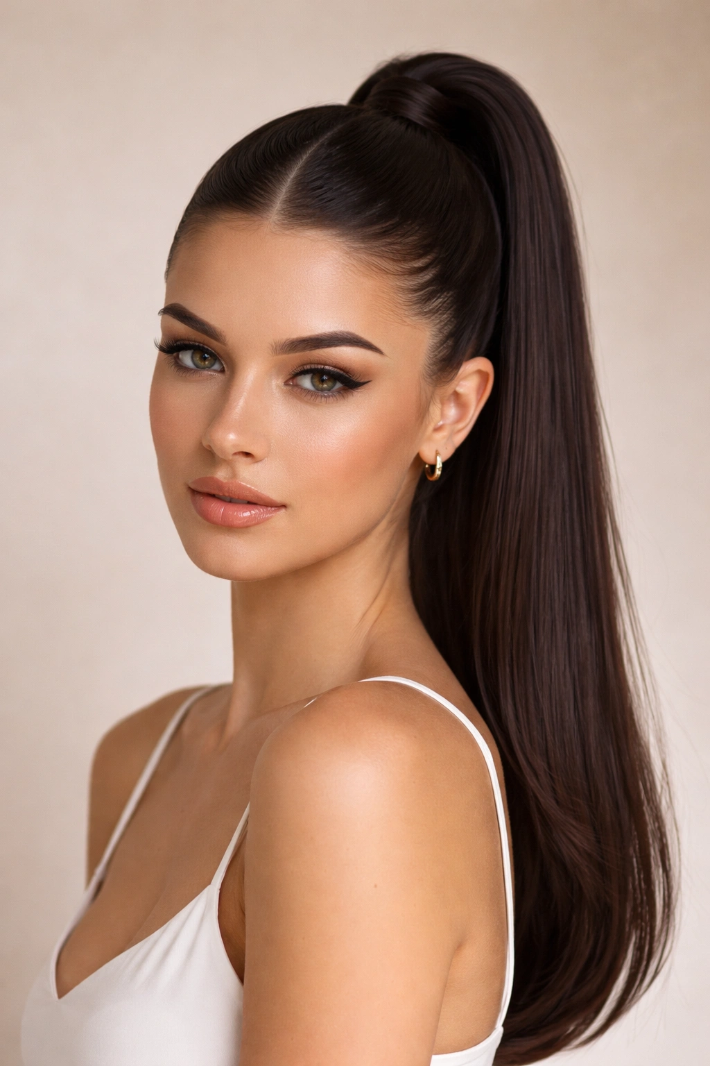 Close-up of a sleek high ponytail with a centered middle part on straight hair