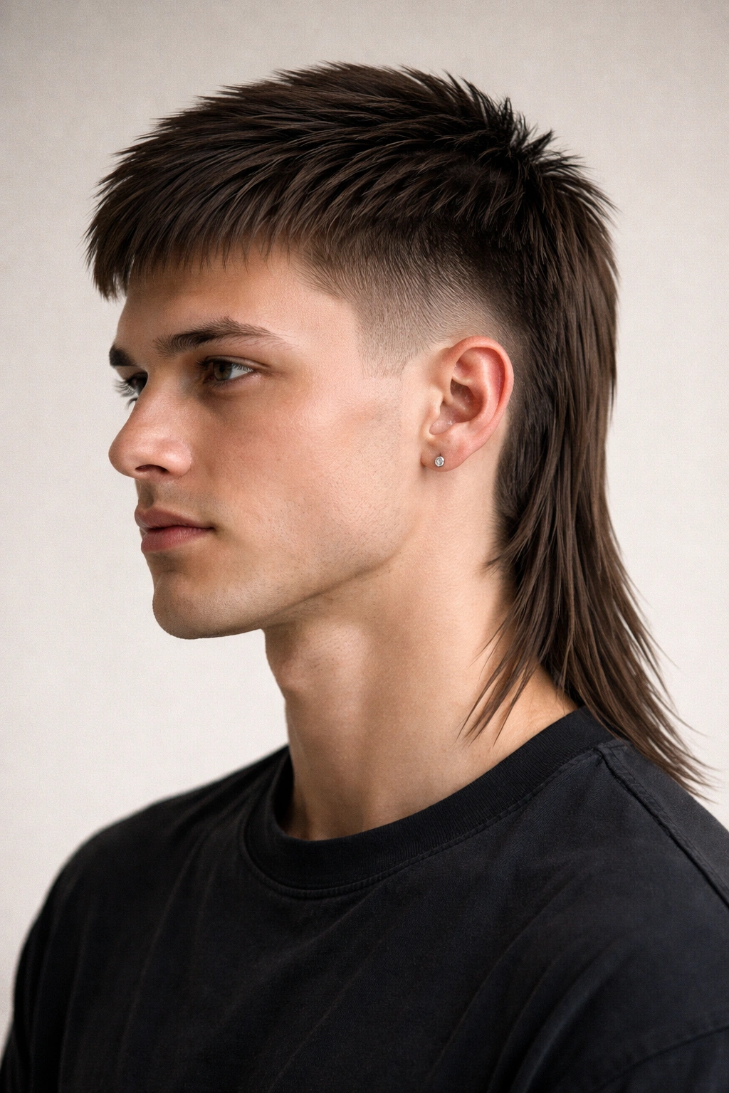 Classic clean mullet on straight hair showing short sides, long back, razor-sharp lines