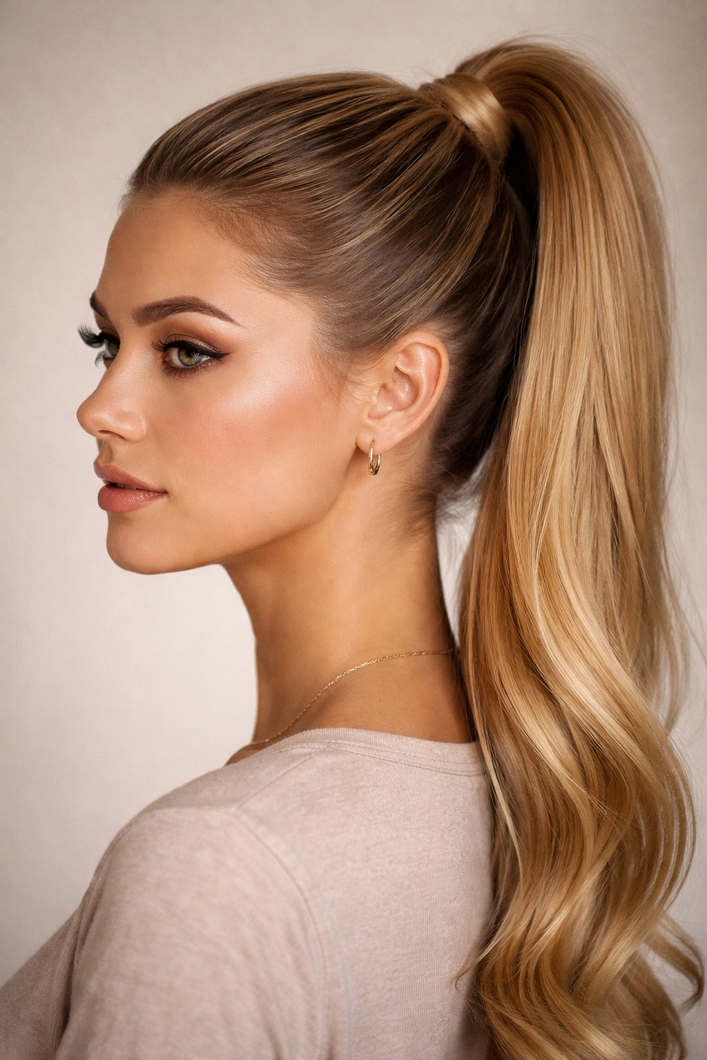 Close-up of a classic high ponytail with wrapped base and smooth hair