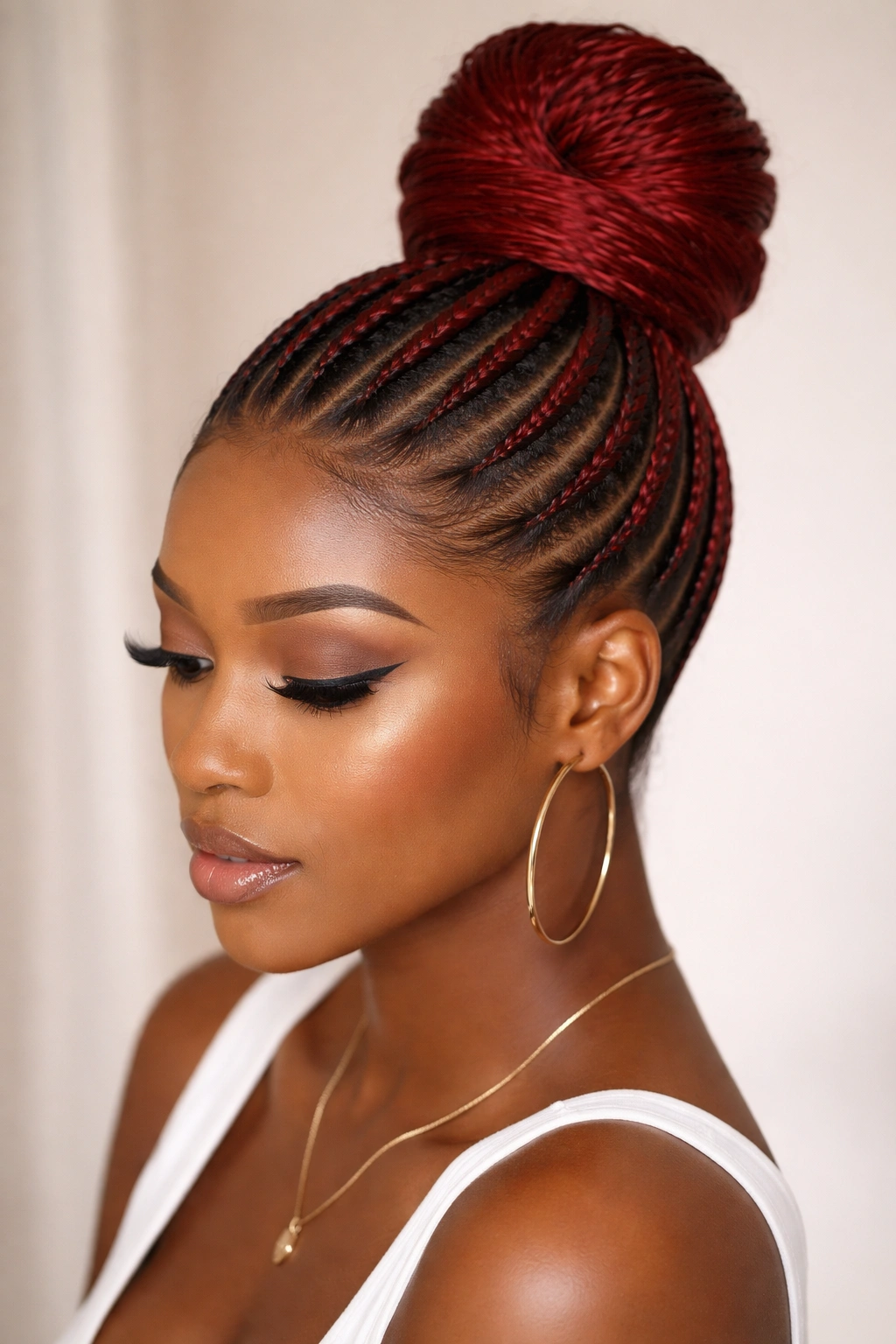 Classic red high bun with sleek feed-in cornrows