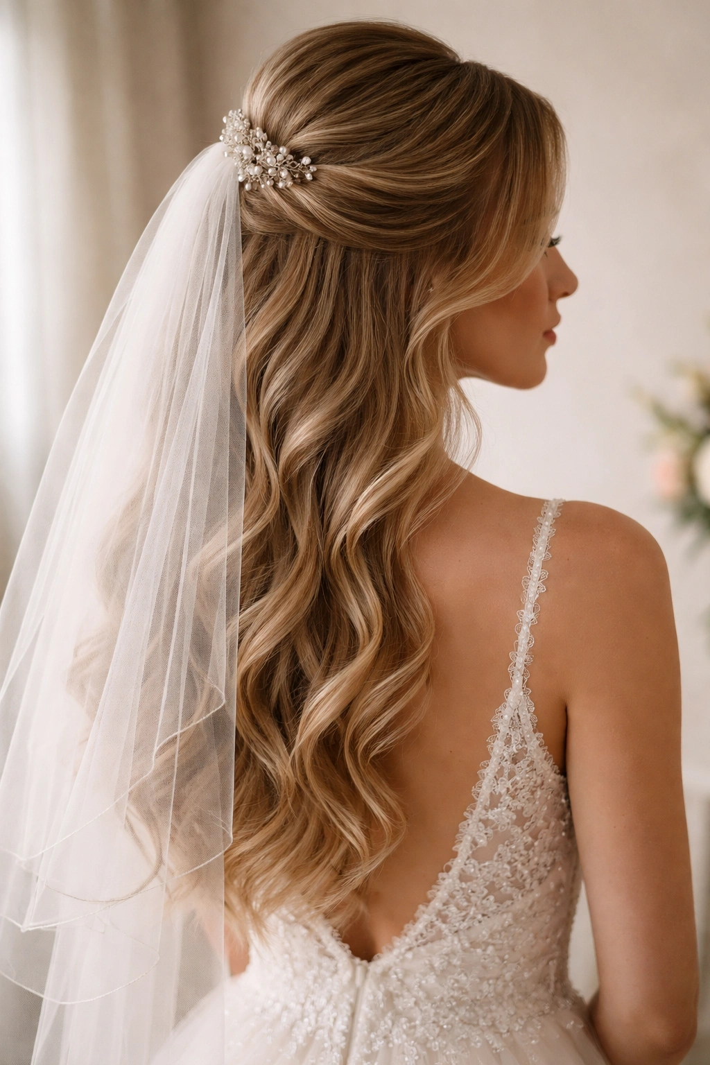 Classic romantic half-up hairstyle with layered veil and soft waves framing the face