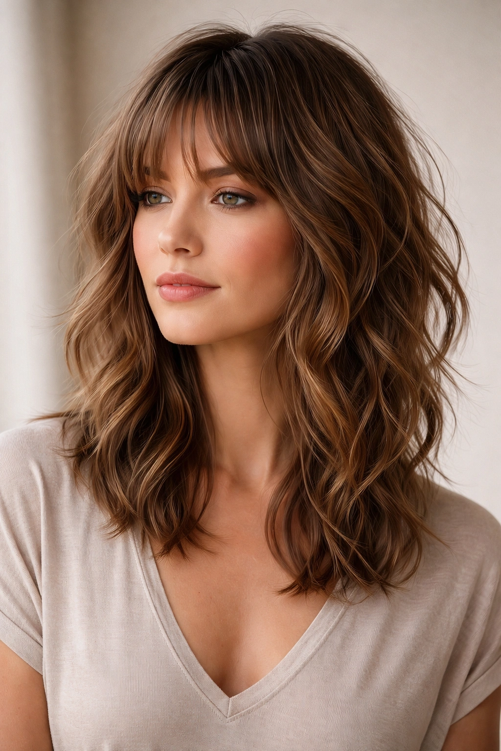 Close-up of shoulder-length wavy hair with choppy layers in a classic shag