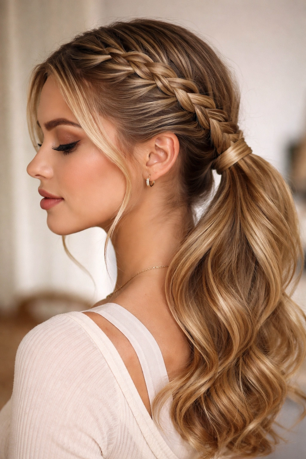 Dutch braid starting at temple leading to side ponytail