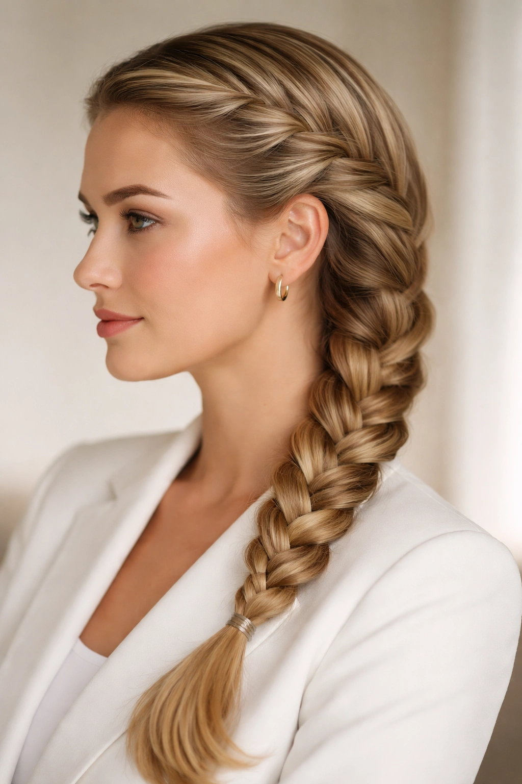 Profile of a classic side French braid in a polished professional hairstyle